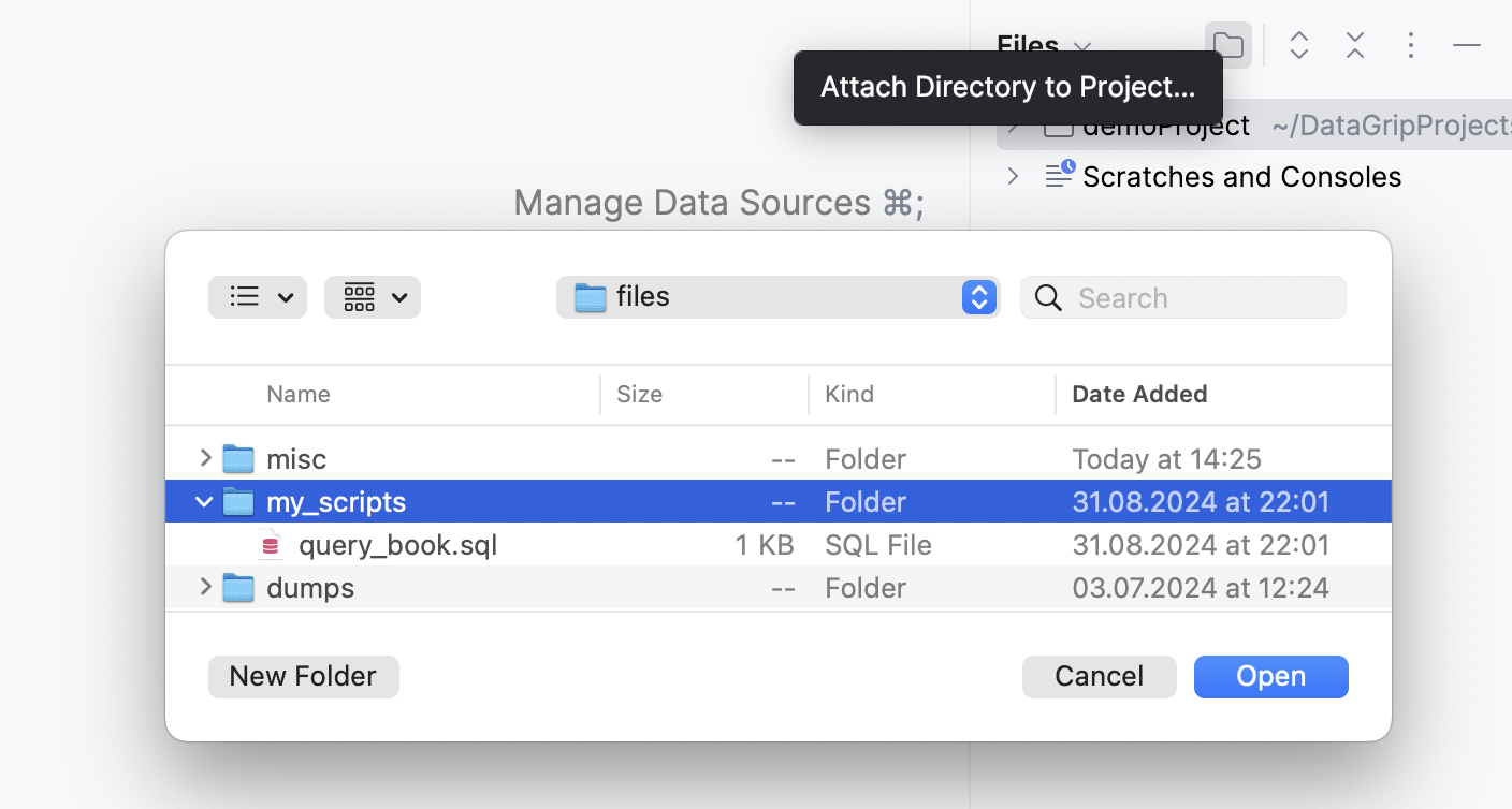 Attaching the directory with the SQL file to the DataGrip project