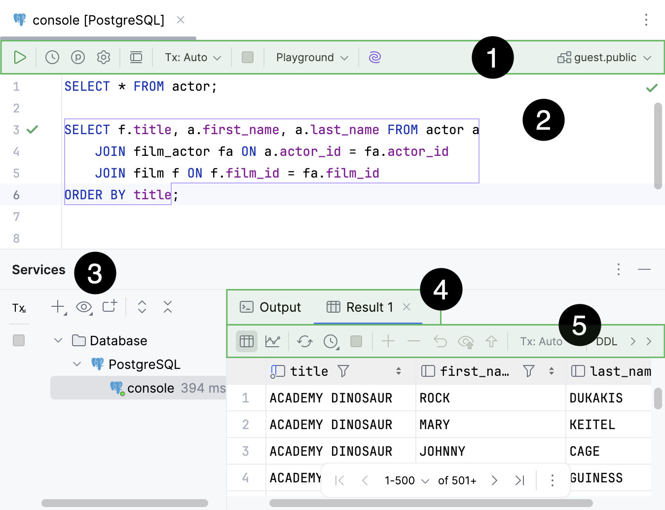 Query console with an active Result tab of Services tool window