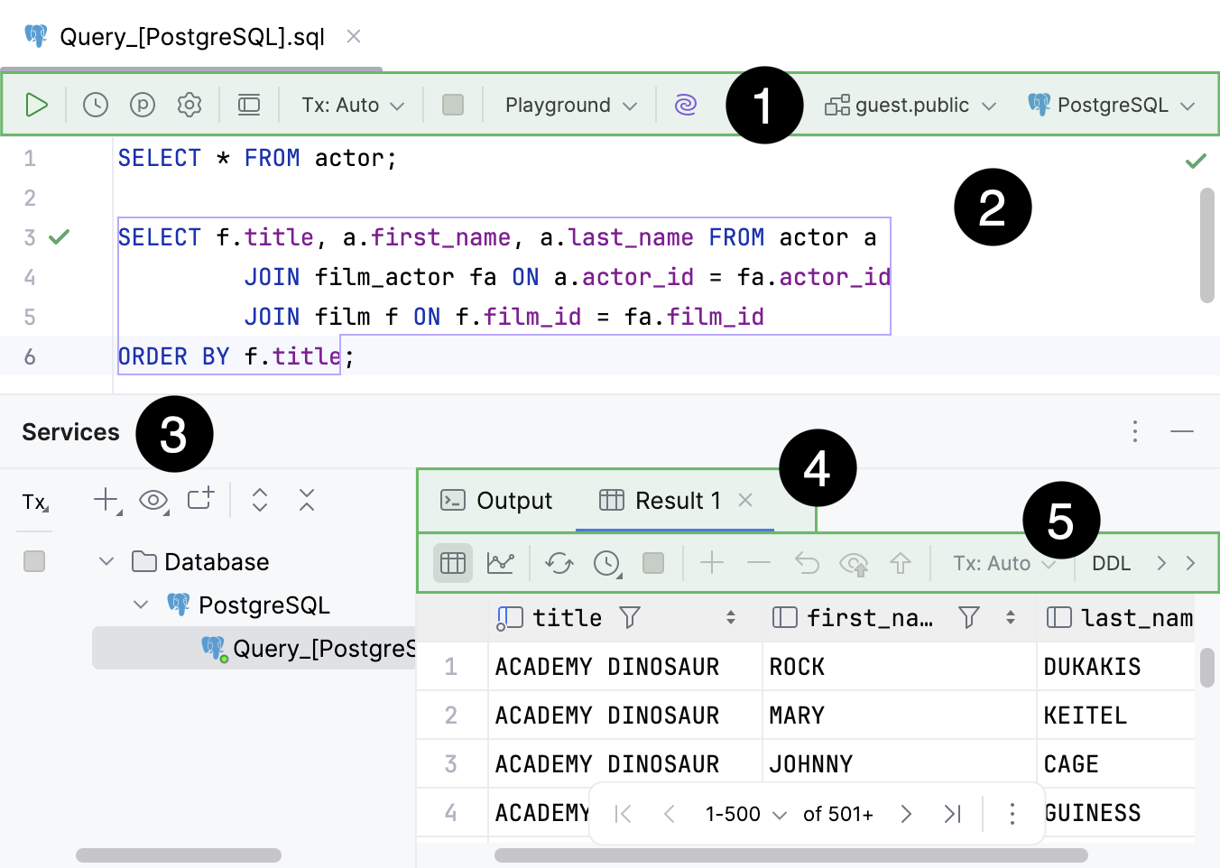 Query file with an active Result tab of Services tool window