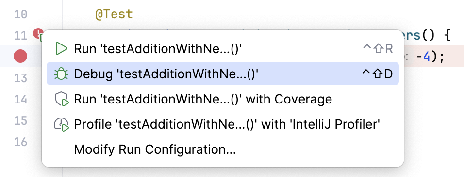 Debugging a test using the gutter icon Debugging a test using the gutter icon