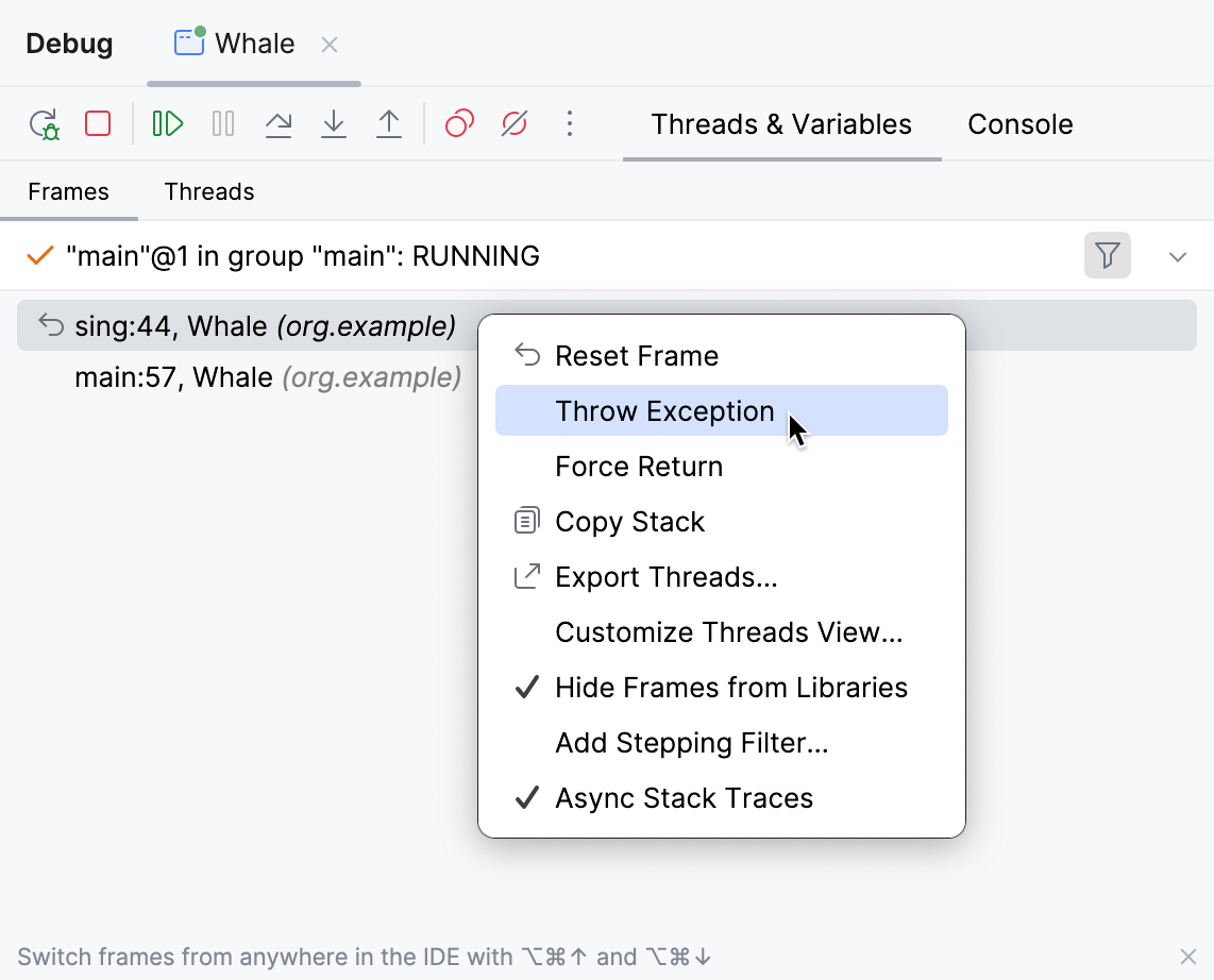 Throw Exception menu item Throw Exception menu item