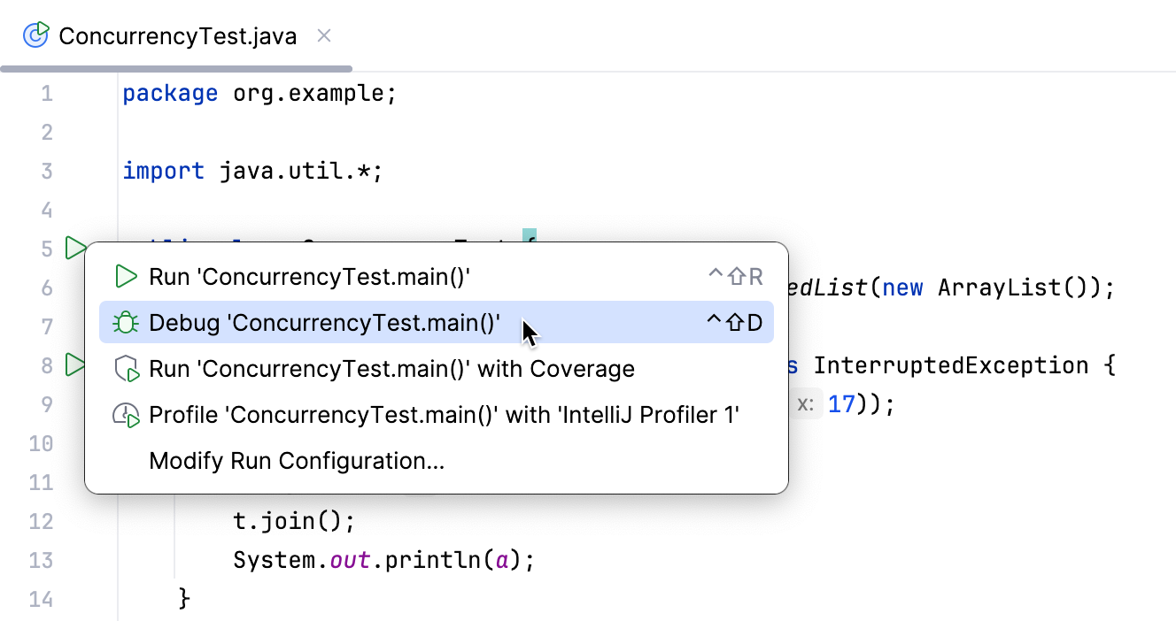 The popup that appears on clicking the Run icon in the gutter The popup that appears on clicking the Run icon in the gutter