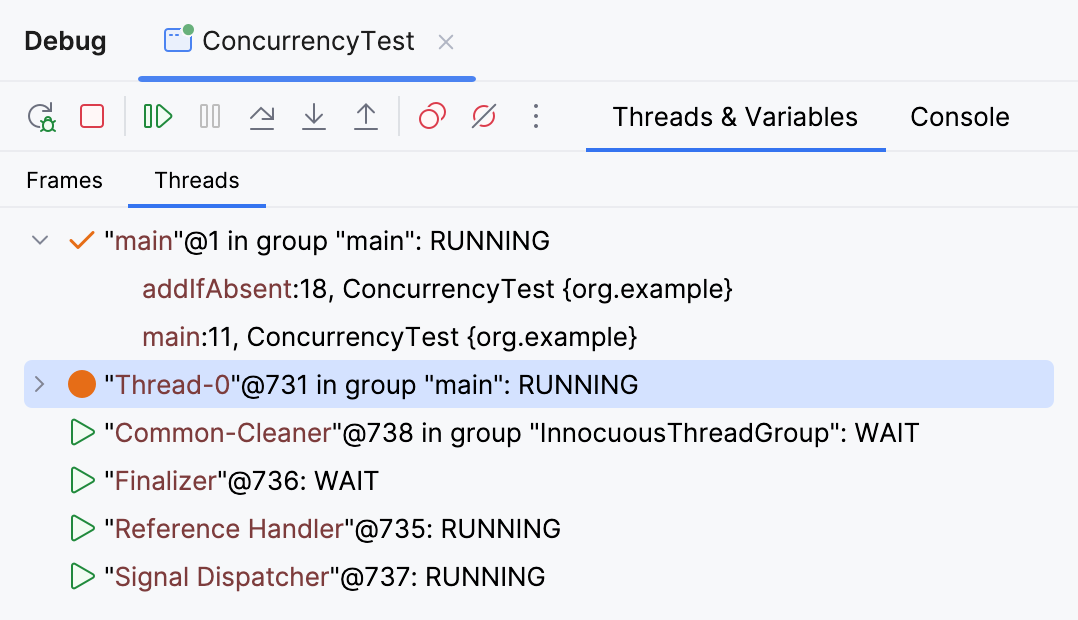Thread selector in the Frames tab Thread selector in the Frames tab