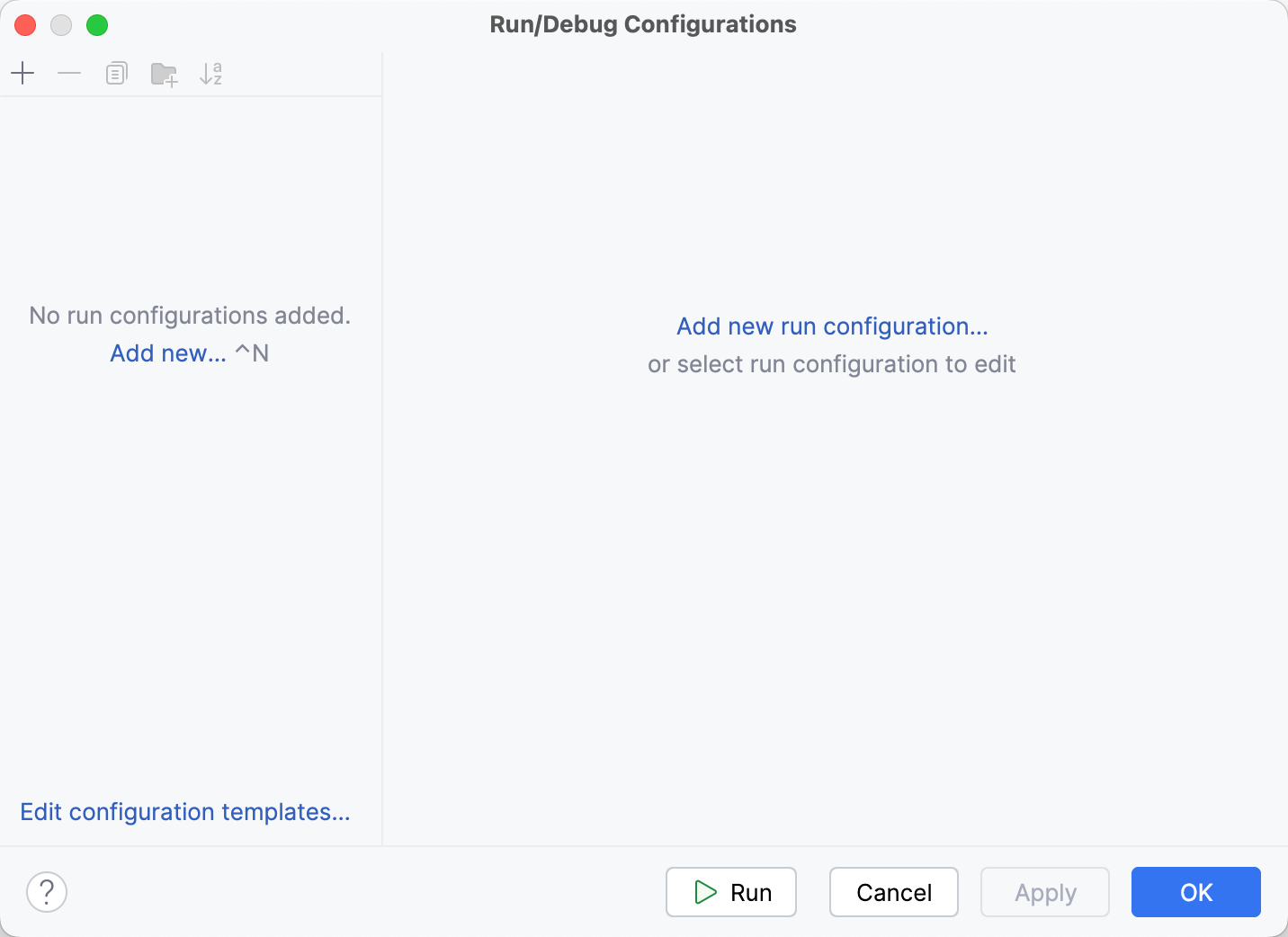 The Add New Configuration button in the top-left corner of the Run/Debug Configurations dialog The Add New Configuration button in the top-left corner of the Run/Debug Configurations dialog