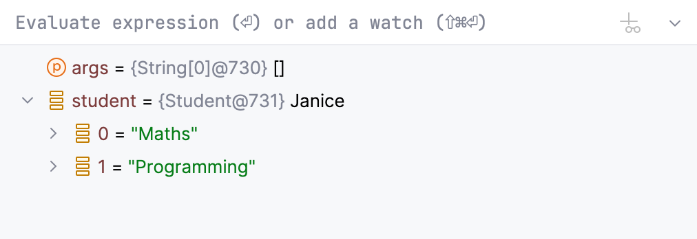 A user defined object displayed as one of its fields in the Variables tab A user defined object displayed as one of its fields in the Variables tab