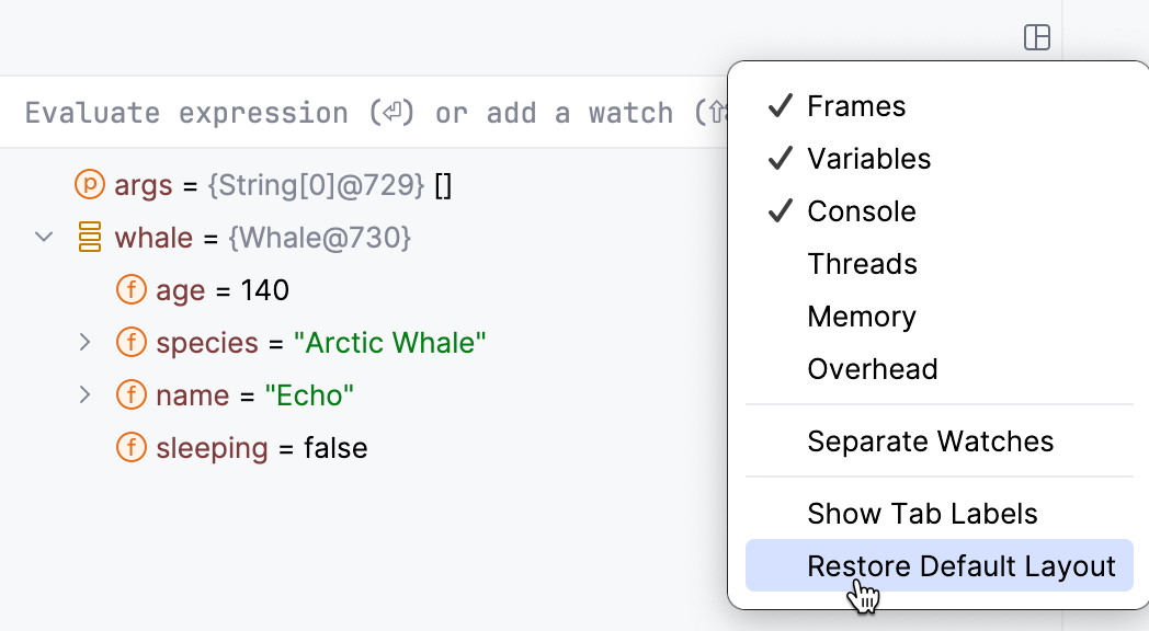 Restore Default Layout menu item Restore Default Layout menu item