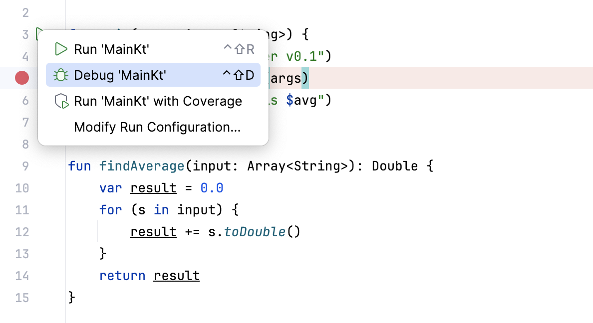 在装订区域中单击运行按钮后，会出现包含运行/调试选项的菜单