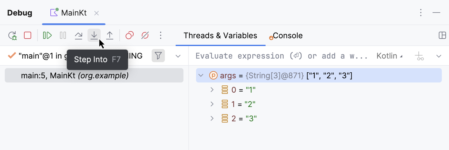 调试工具窗口顶部的步入按钮