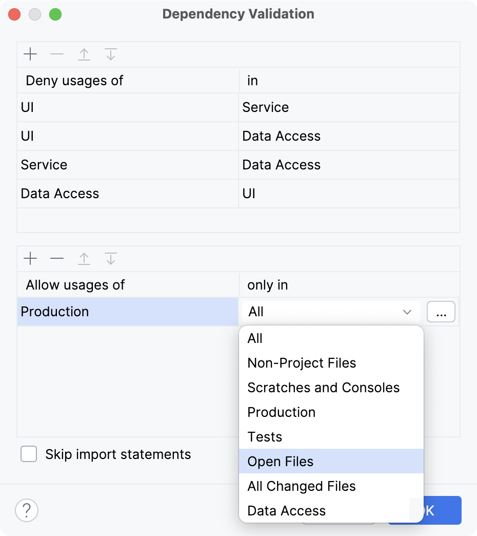 the Dependency Validation dialog the Dependency Validation dialog
