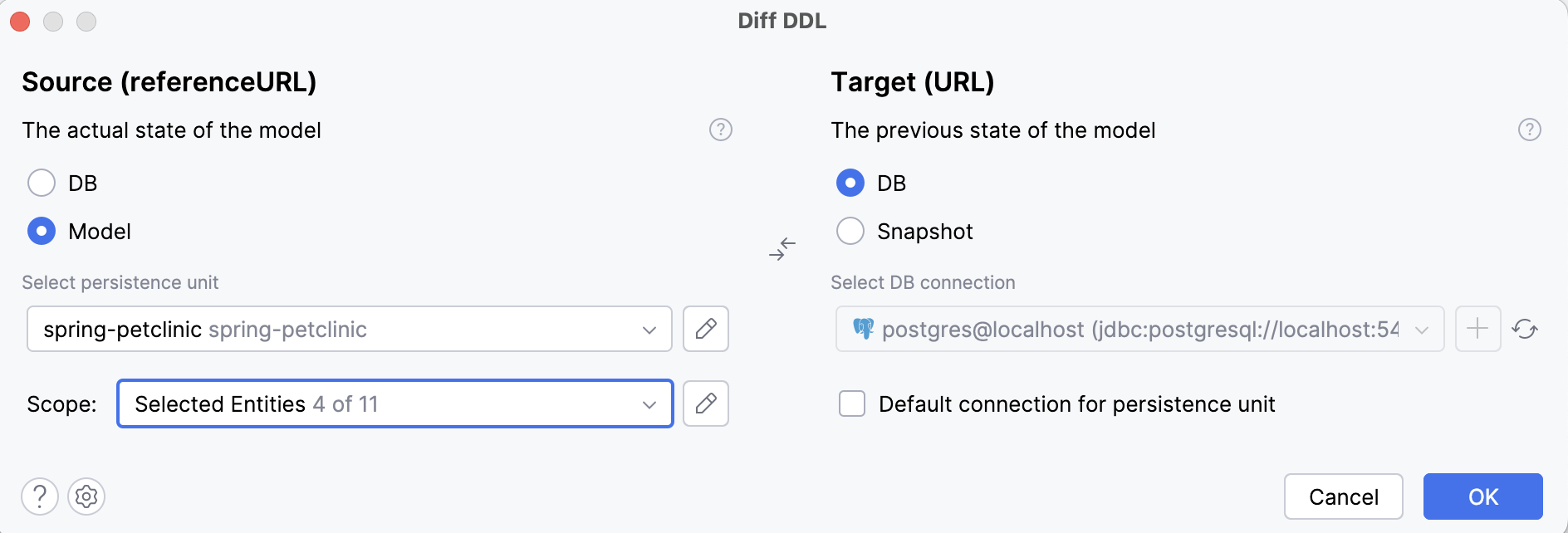 按实体生成 DDL 窗口