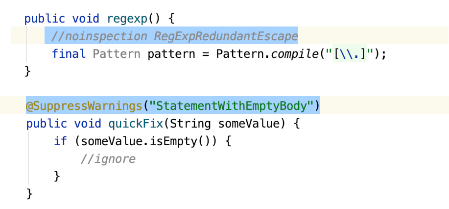A comment and annotation that indicate suppressed inspections in Java code A comment and annotation that indicate suppressed inspections in Java code
