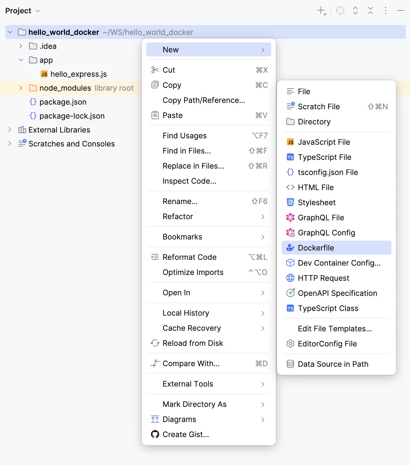 Create a Dockerfile - context menu Create a Dockerfile - context menu