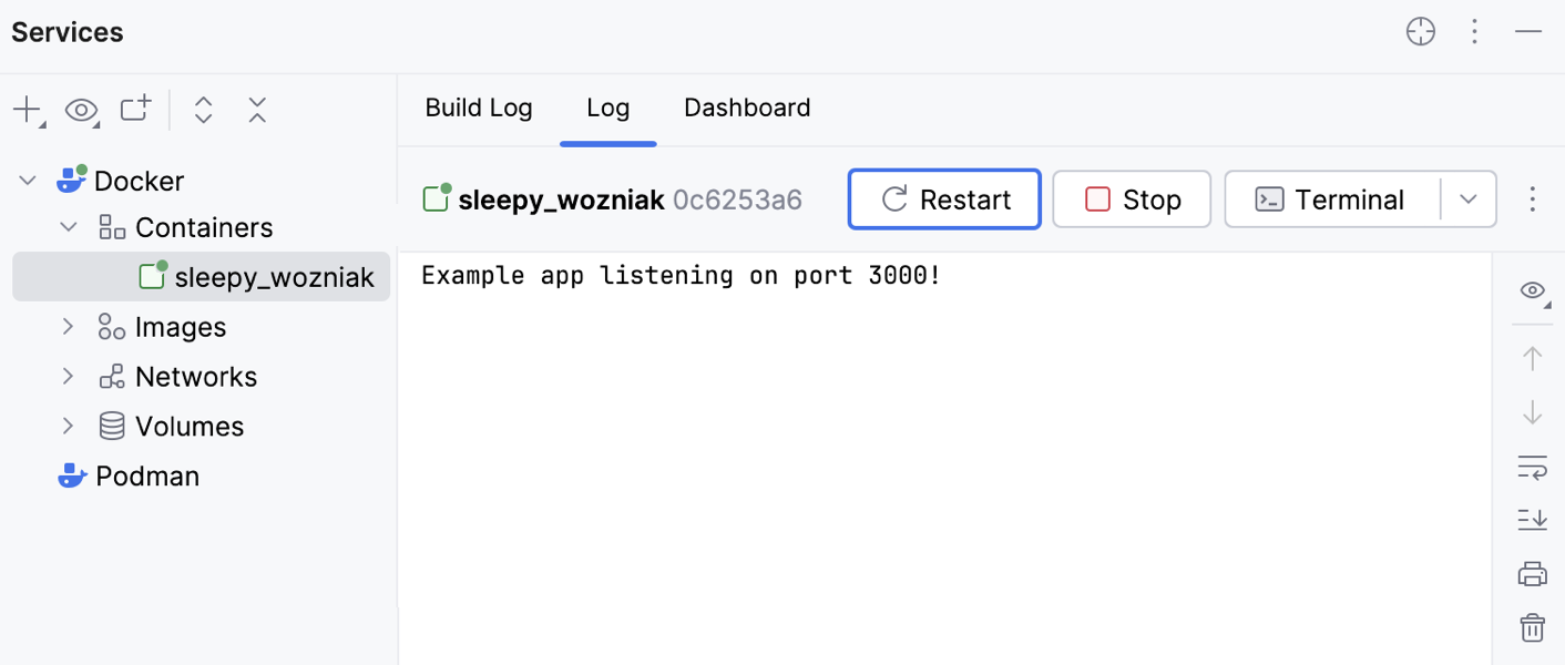 Services tool window, Log tab Services tool window, Log tab