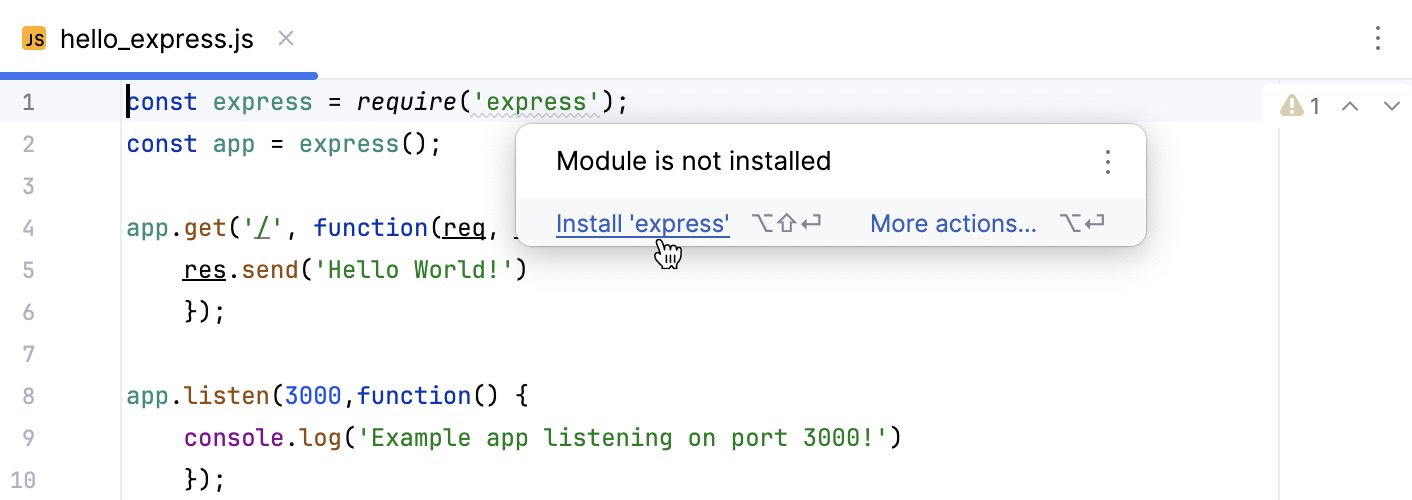 Express is not installed - a quick-fix is suggested Express is not installed - a quick-fix is suggested