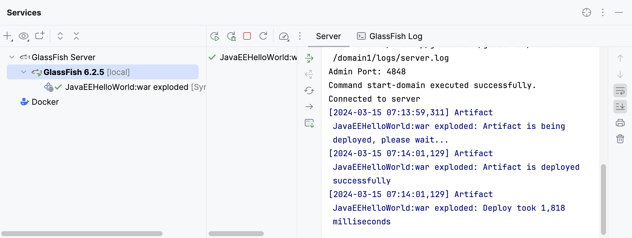 Started GlassFish server and deployed application in the Services tool window Started GlassFish server and deployed application in the Services tool window
