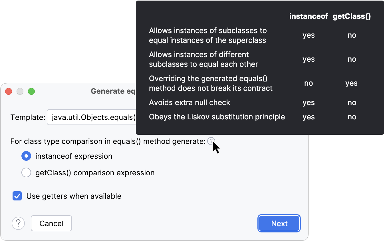Generate equals() and hashCode() wizard Generate equals() and hashCode() wizard