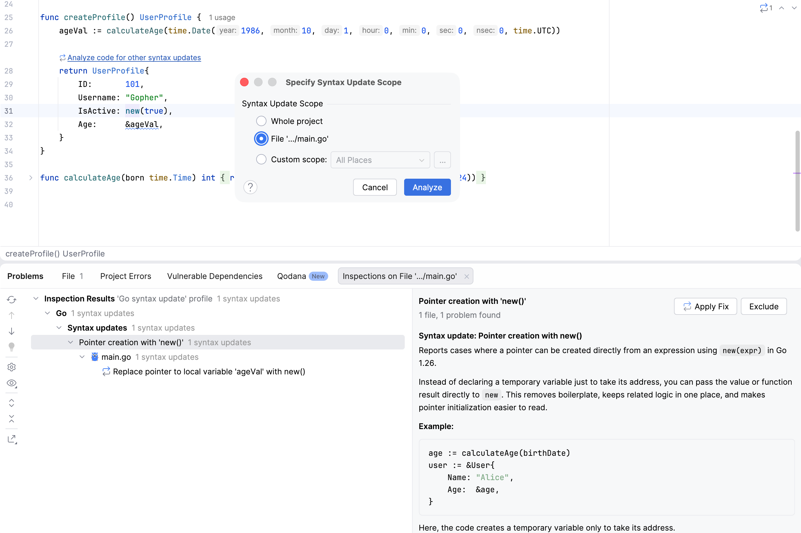 Analyze code for other syntax updates Analyze code for other syntax updates
