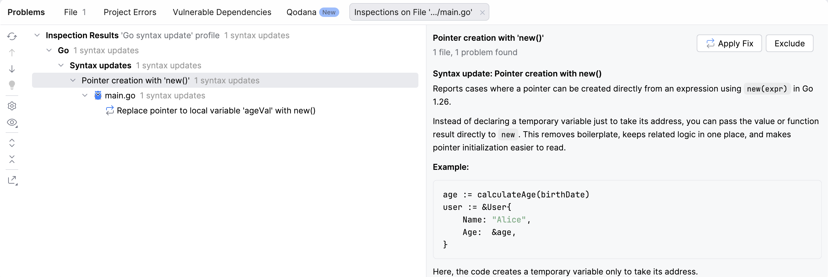 Apply a syntax update quick-fix Apply a syntax update quick-fix