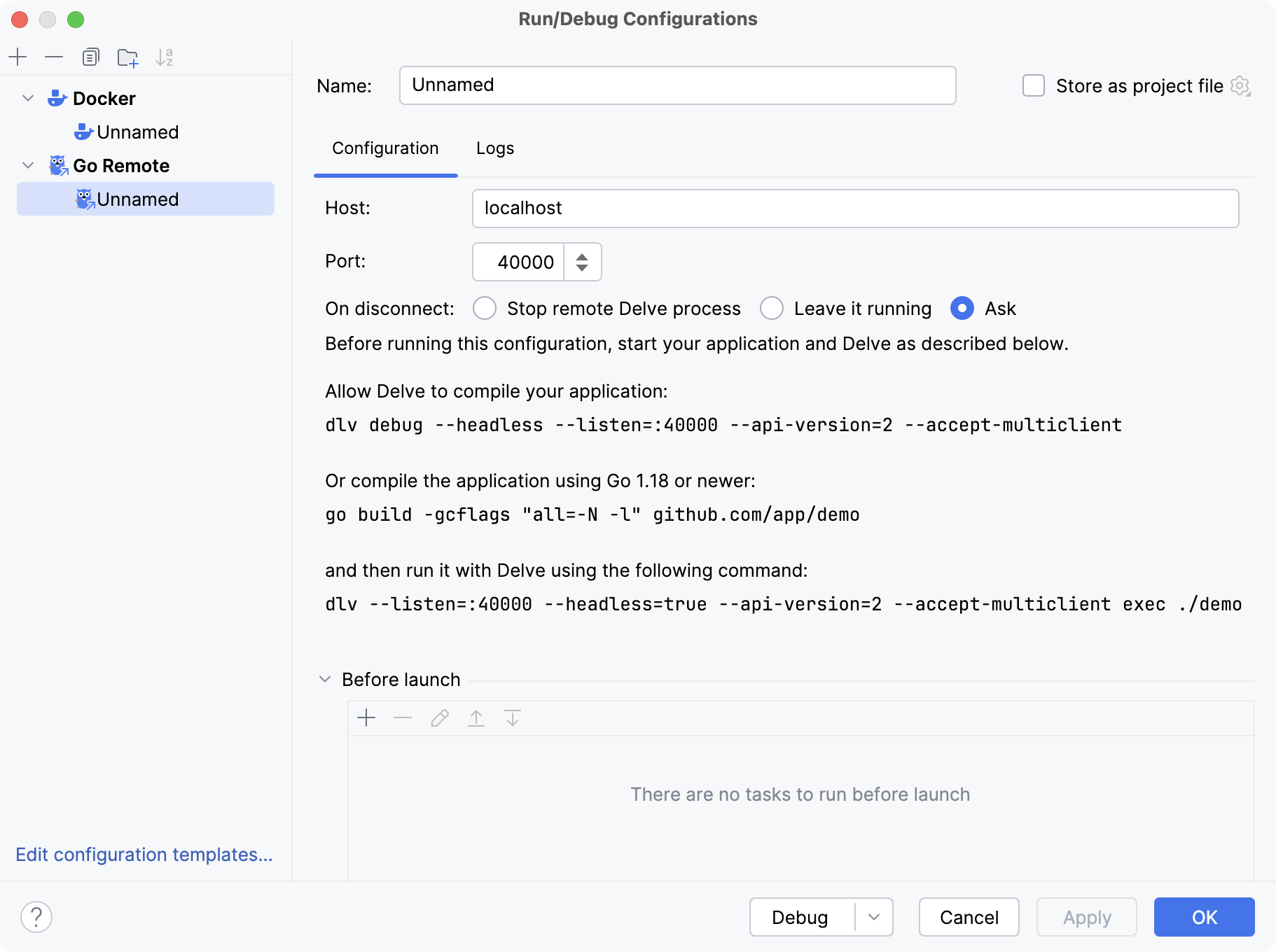 Create the Go Remote run/debug configuration for the Docker debugging Create the Go Remote run/debug configuration for the Docker debugging