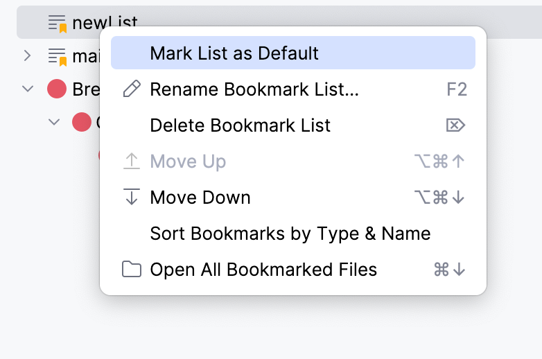 Default list in the Bookmarks tool window Default list in the Bookmarks tool window