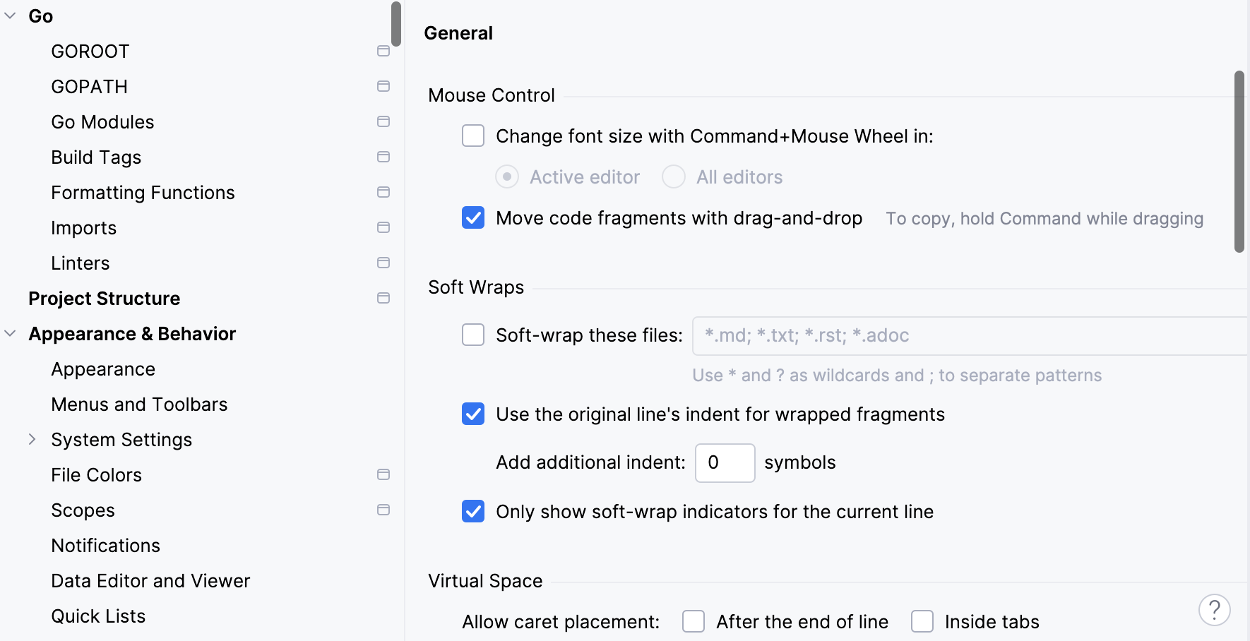 Global settings marked in the Settings dialog