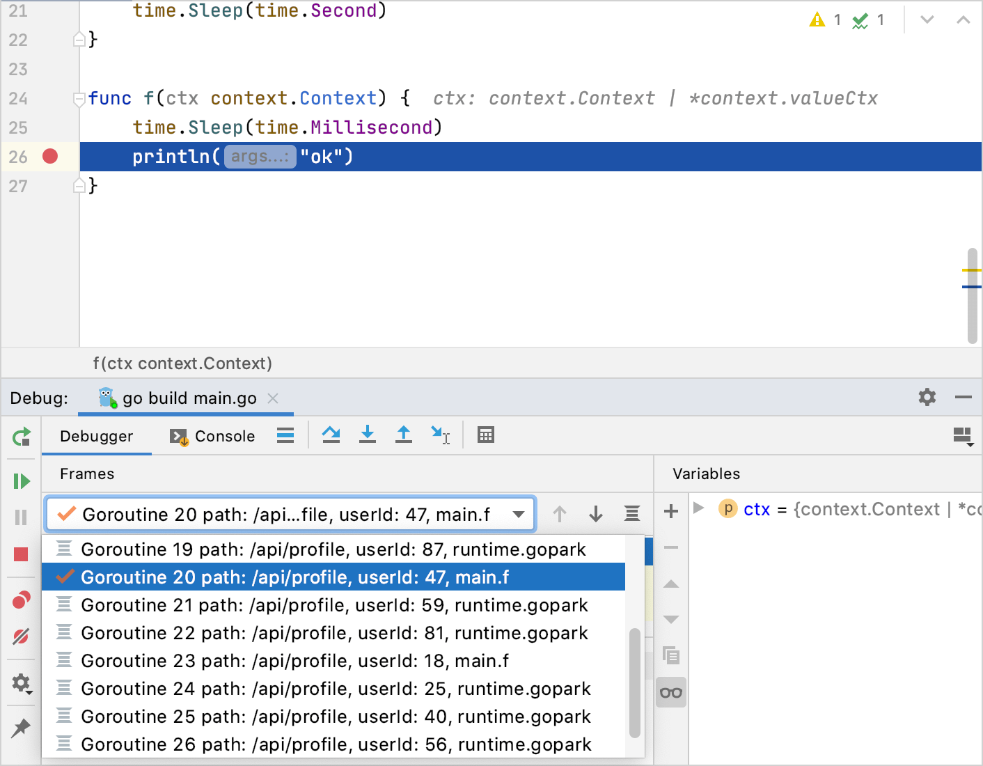 标记的 goroutine 列表