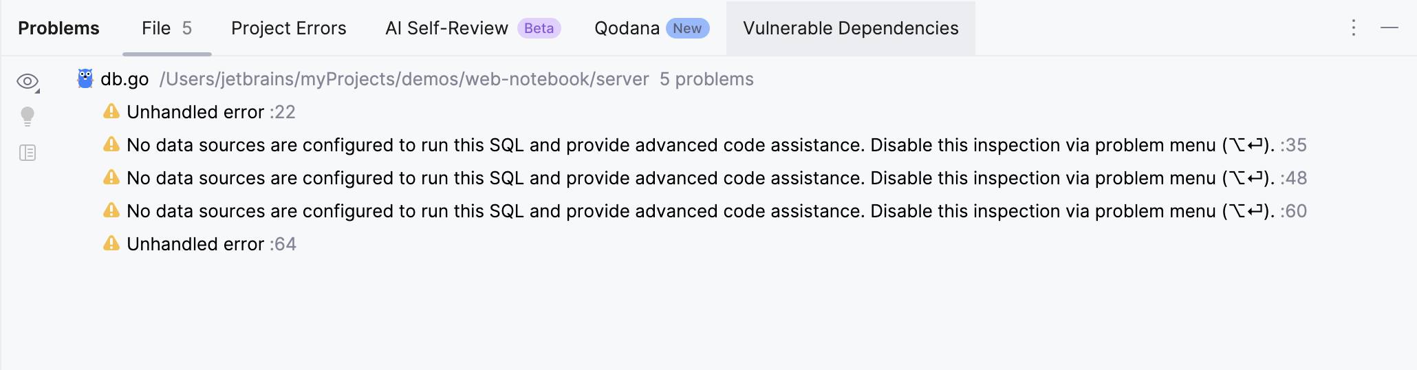在“问题”工具窗口中显示检测到的问题