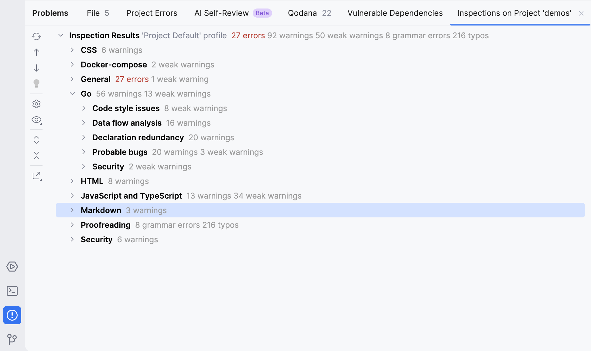 GoLand：问题工具窗口。 当前文件选项卡