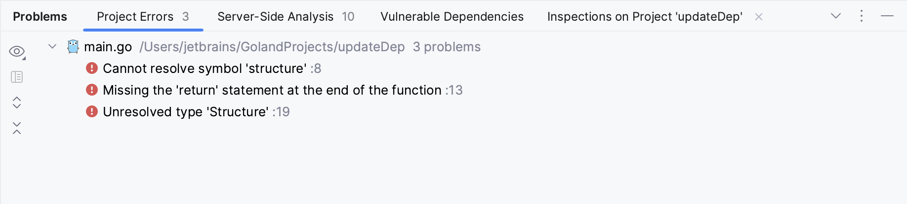 项目错误选项卡