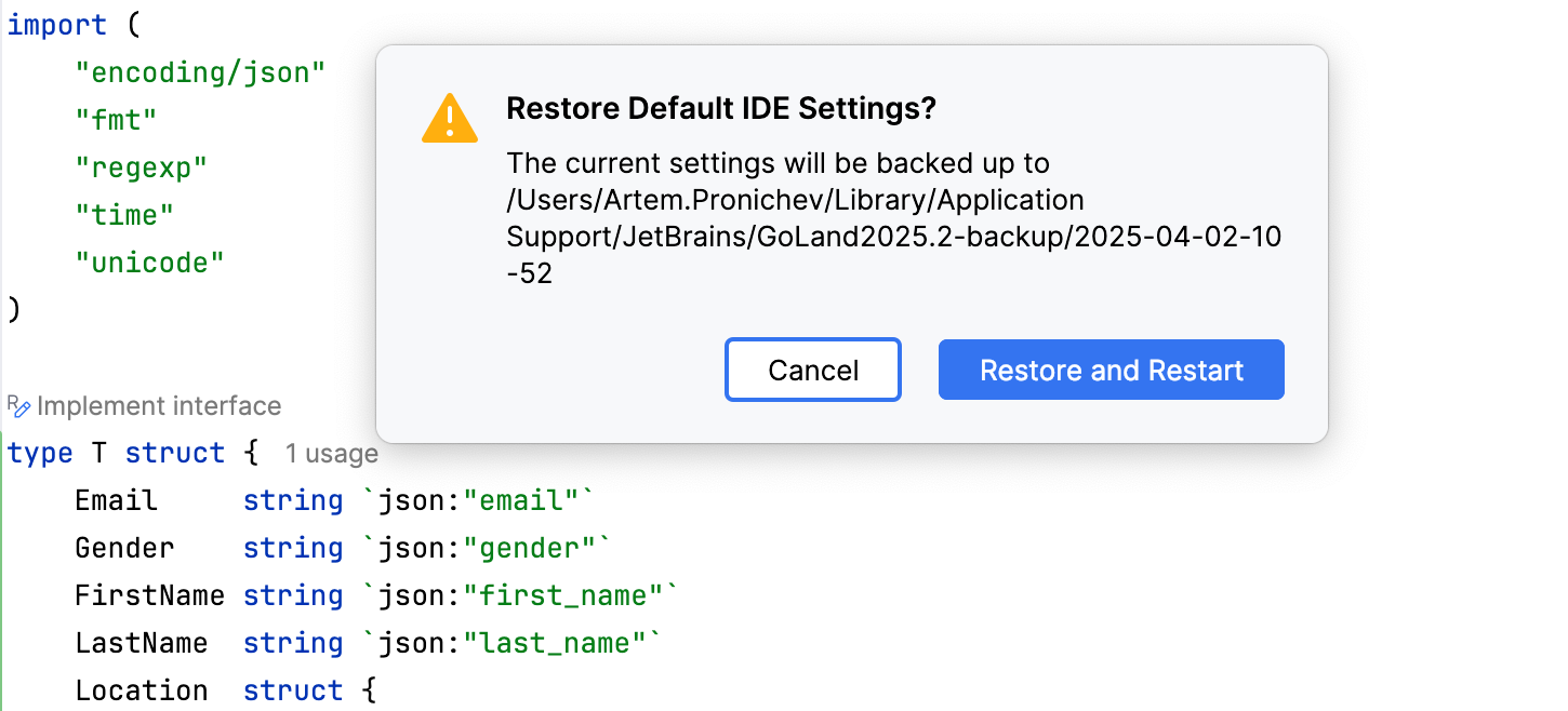 A popup prompting to confirm that you want to restore the default settings