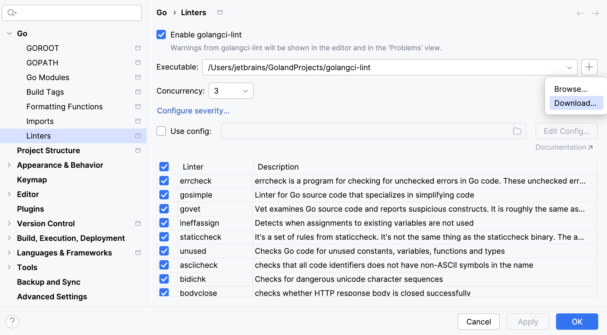 设置 golangci-lint 的可执行文件路径