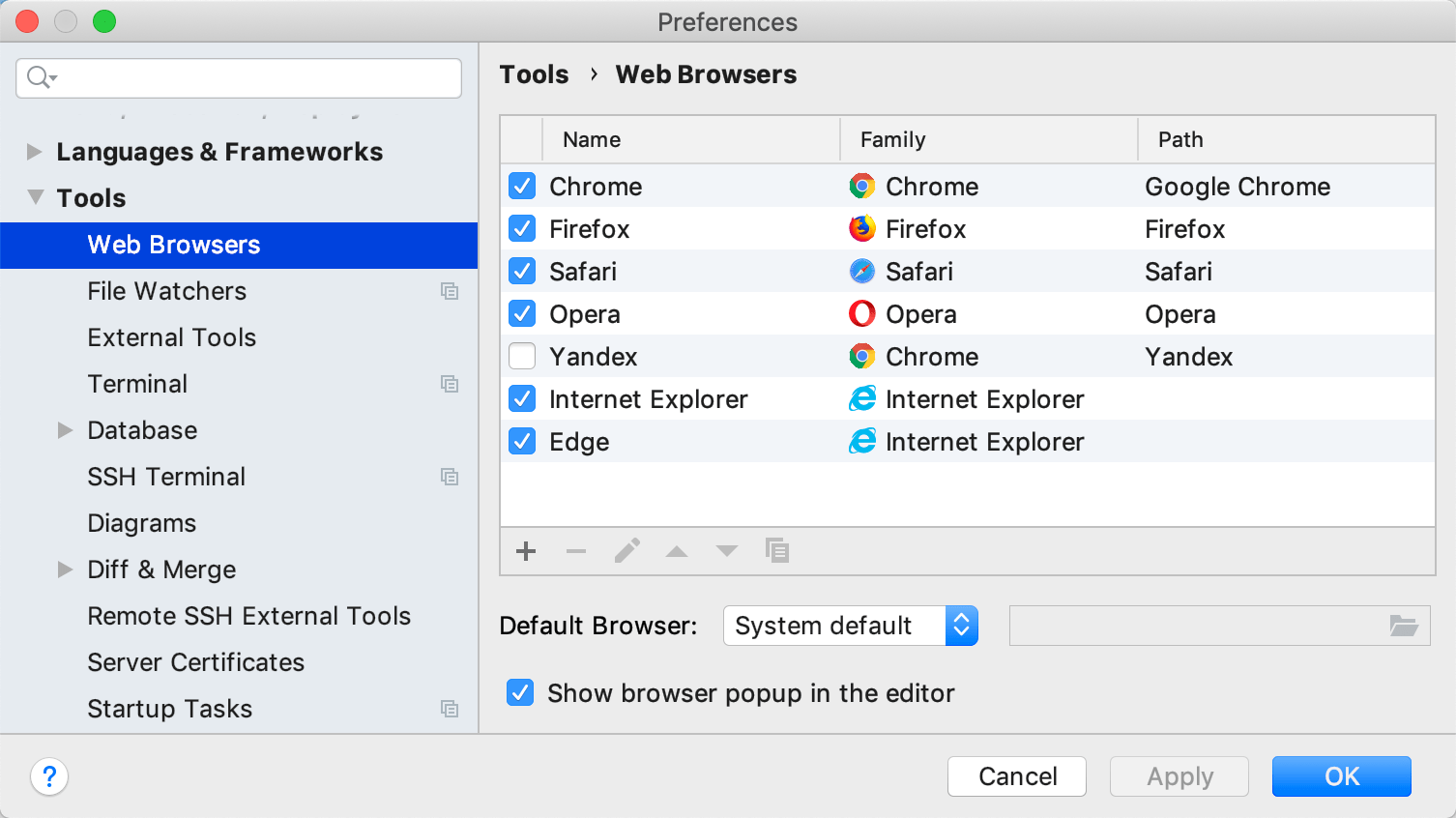 The Web Browsers page in Settings The Web Browsers page in Settings