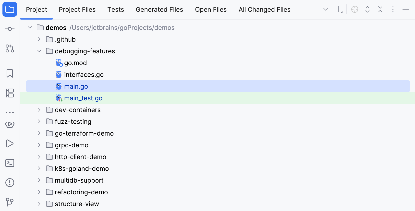 GoLand: choosing a view in the Project tool window GoLand: choosing a view in the Project tool window