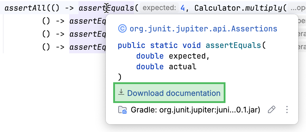 Location of the Download Documentation button in the Gradle tool window