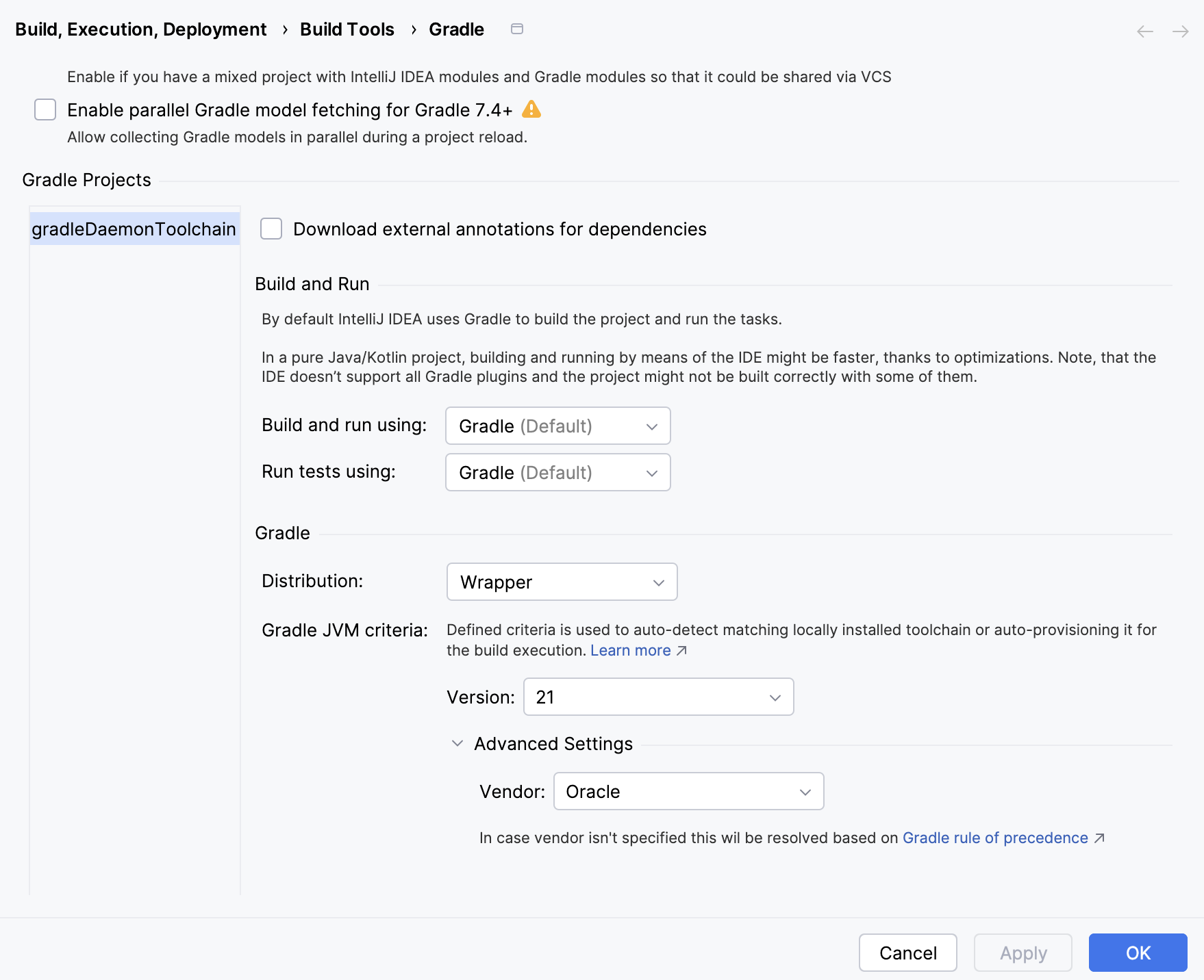 Gradle projects settings Gradle projects settings