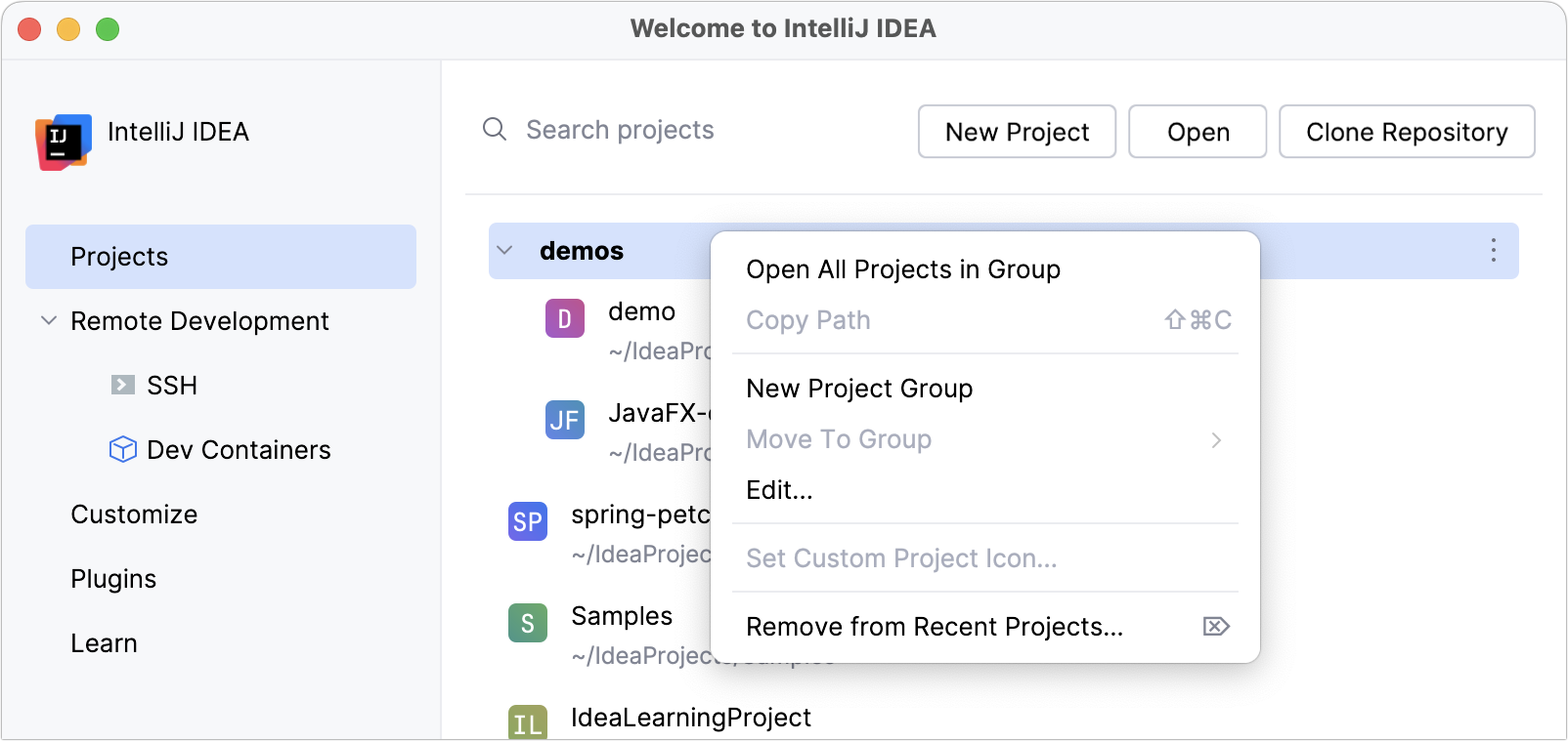 Projects grouped on the Welcome screen Projects grouped on the Welcome screen