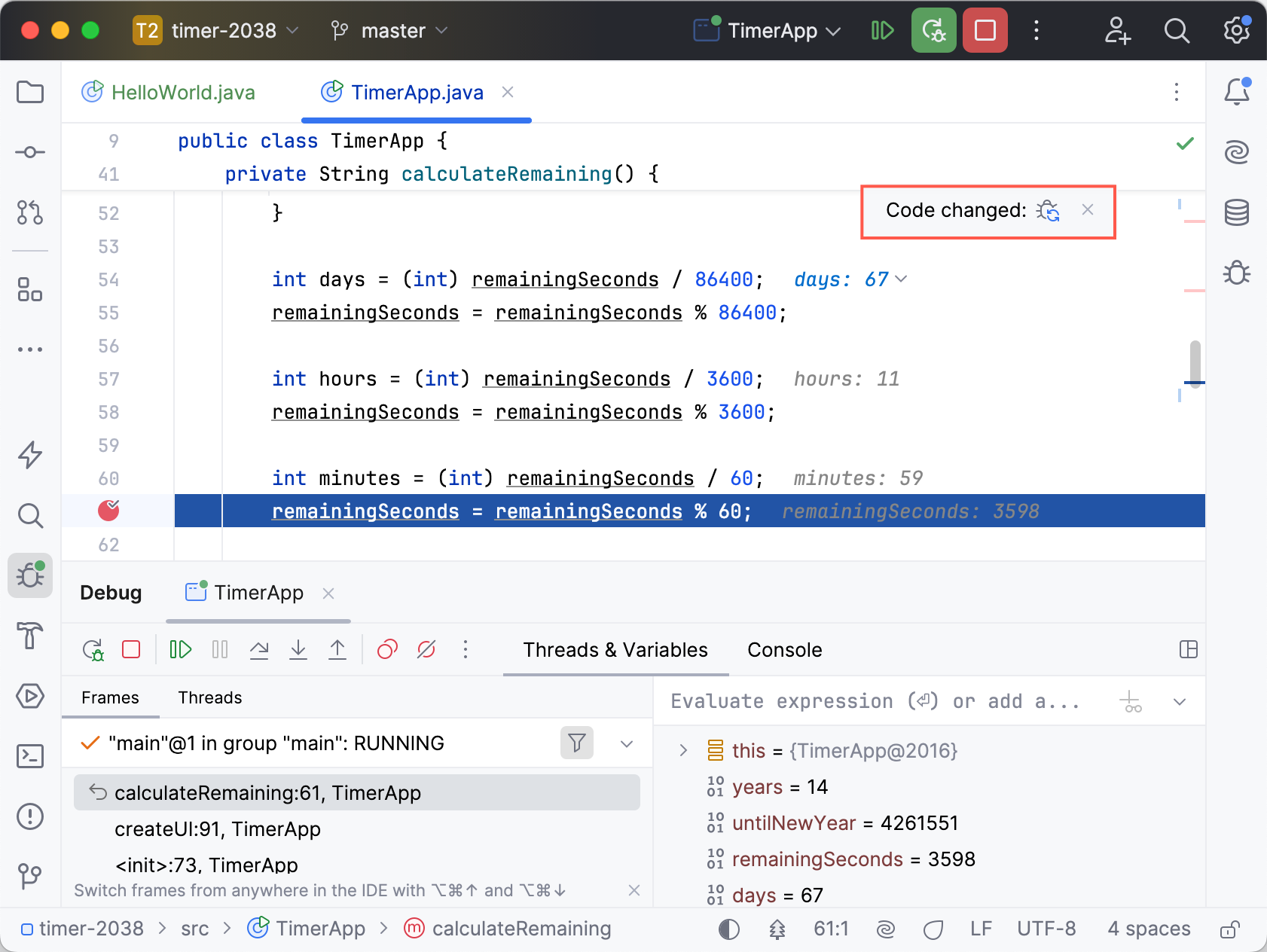 Code changed popup in the editor Code changed popup in the editor
