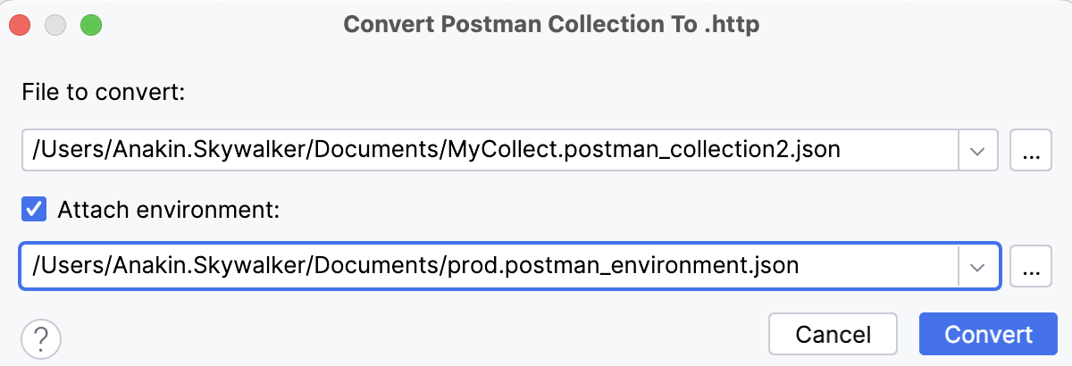 Import from Postman window