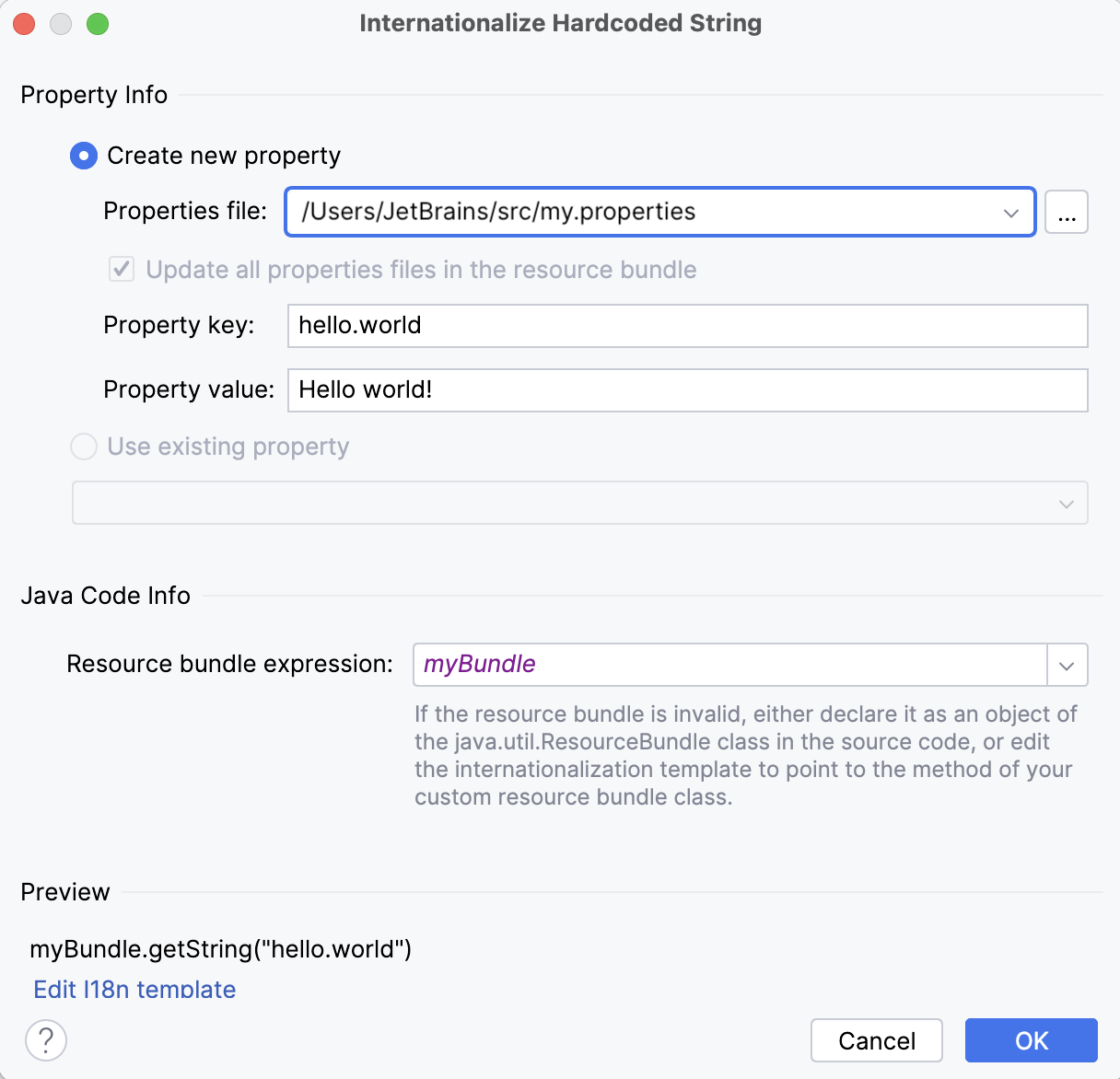 The Internationalize Hardcoded String dialog The Internationalize Hardcoded String dialog