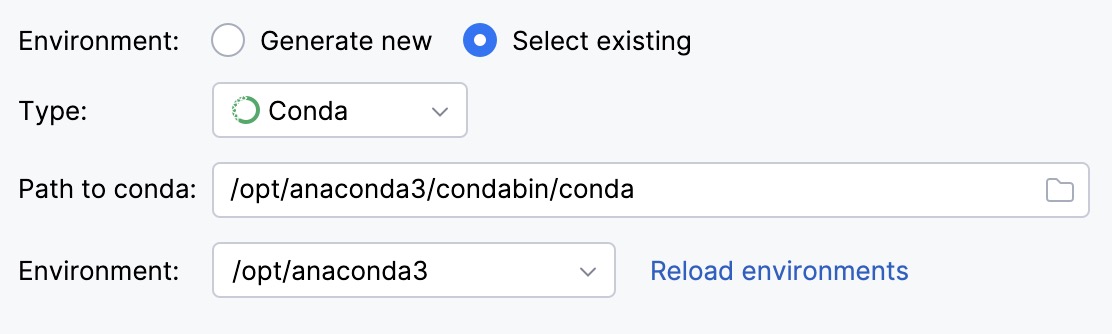Select existing conda environment Select existing conda environment