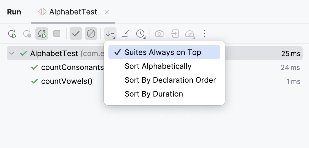 Filter test results options in the tests results toolbar Filter test results options in the tests results toolbar