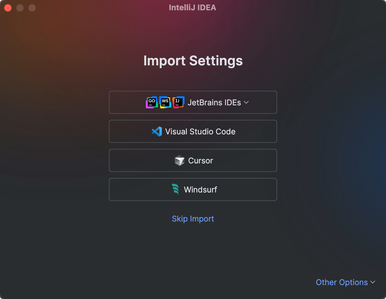 The Import Settings dialog with an option to import settings from Windsurf The Import Settings dialog with an option to import settings from Windsurf