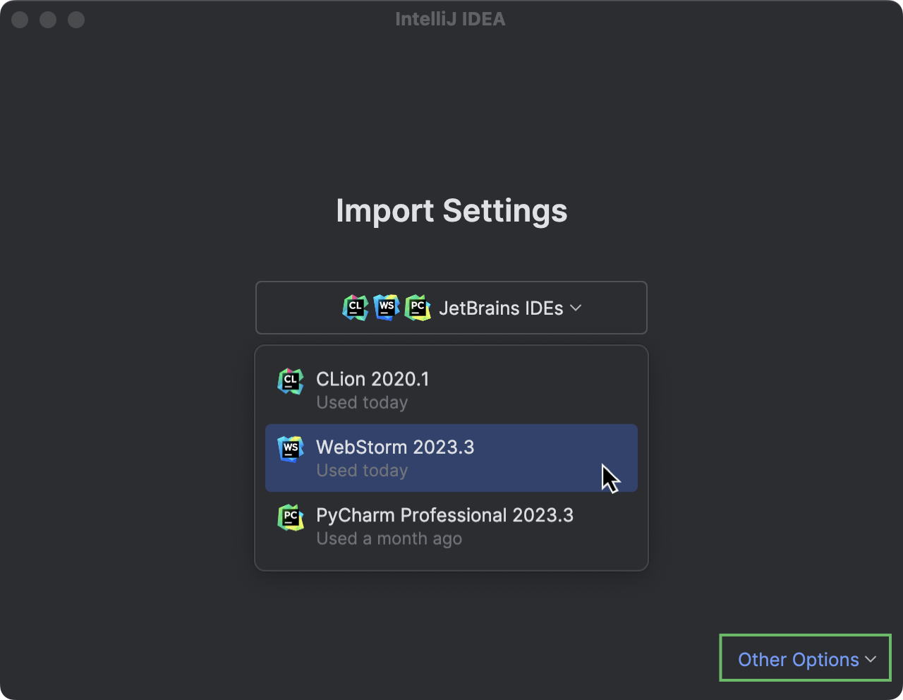 The Import Settings dialog with the opened drop-down list The Import Settings dialog with the opened drop-down list