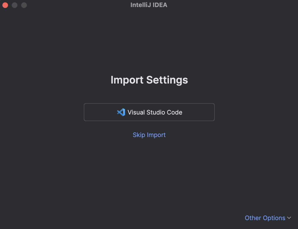 The Import Settings dialog with the cursor on the Visual Studio Code button The Import Settings dialog with the cursor on the Visual Studio Code button