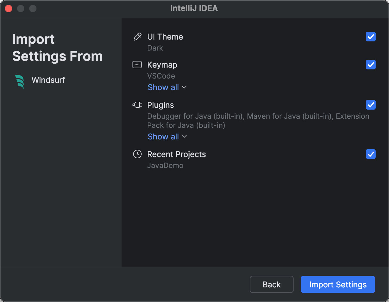 Windsurf settings selection Windsurf settings selection