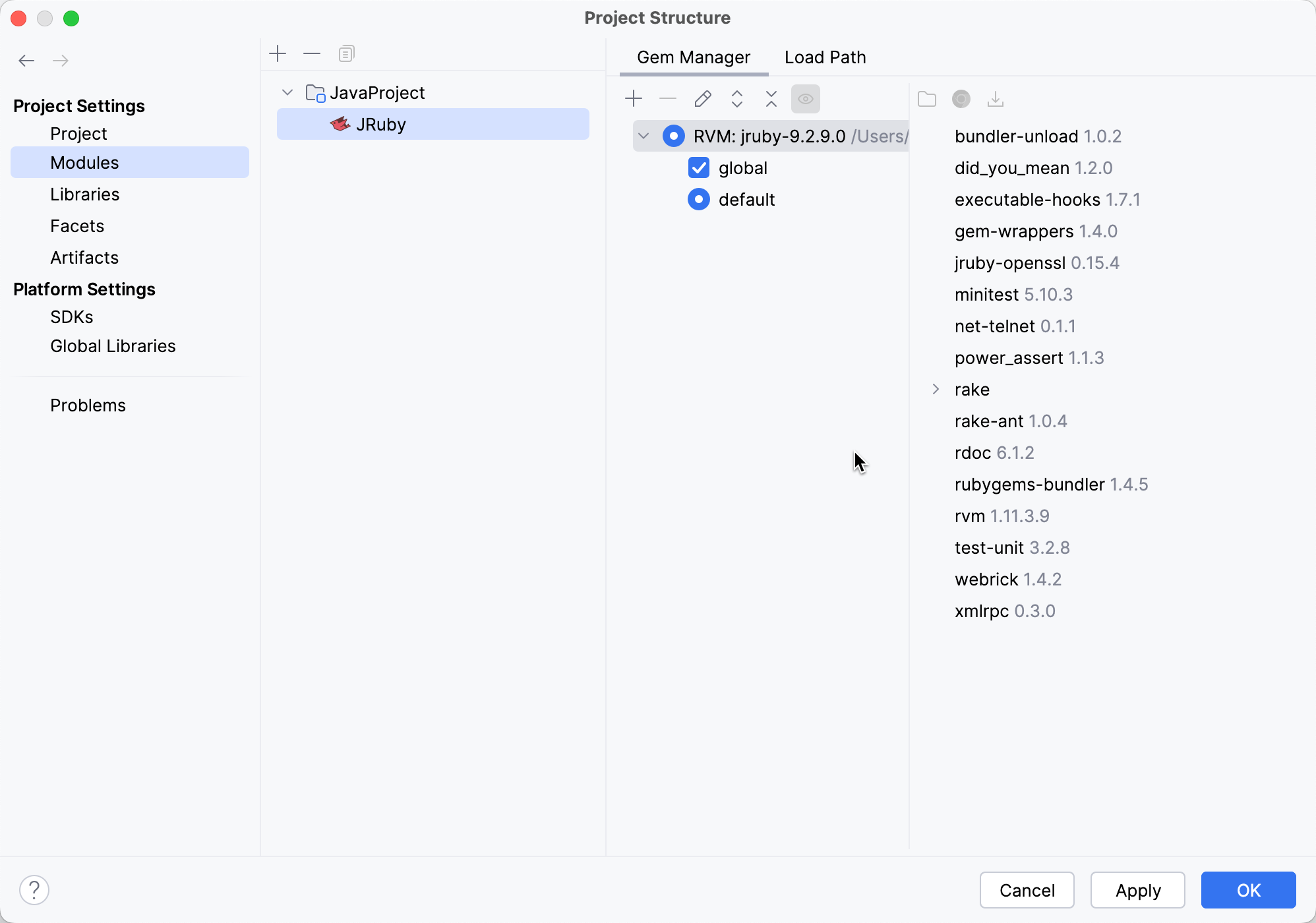 在 Gem 管理器选项卡中检测到 JRuby 解释器