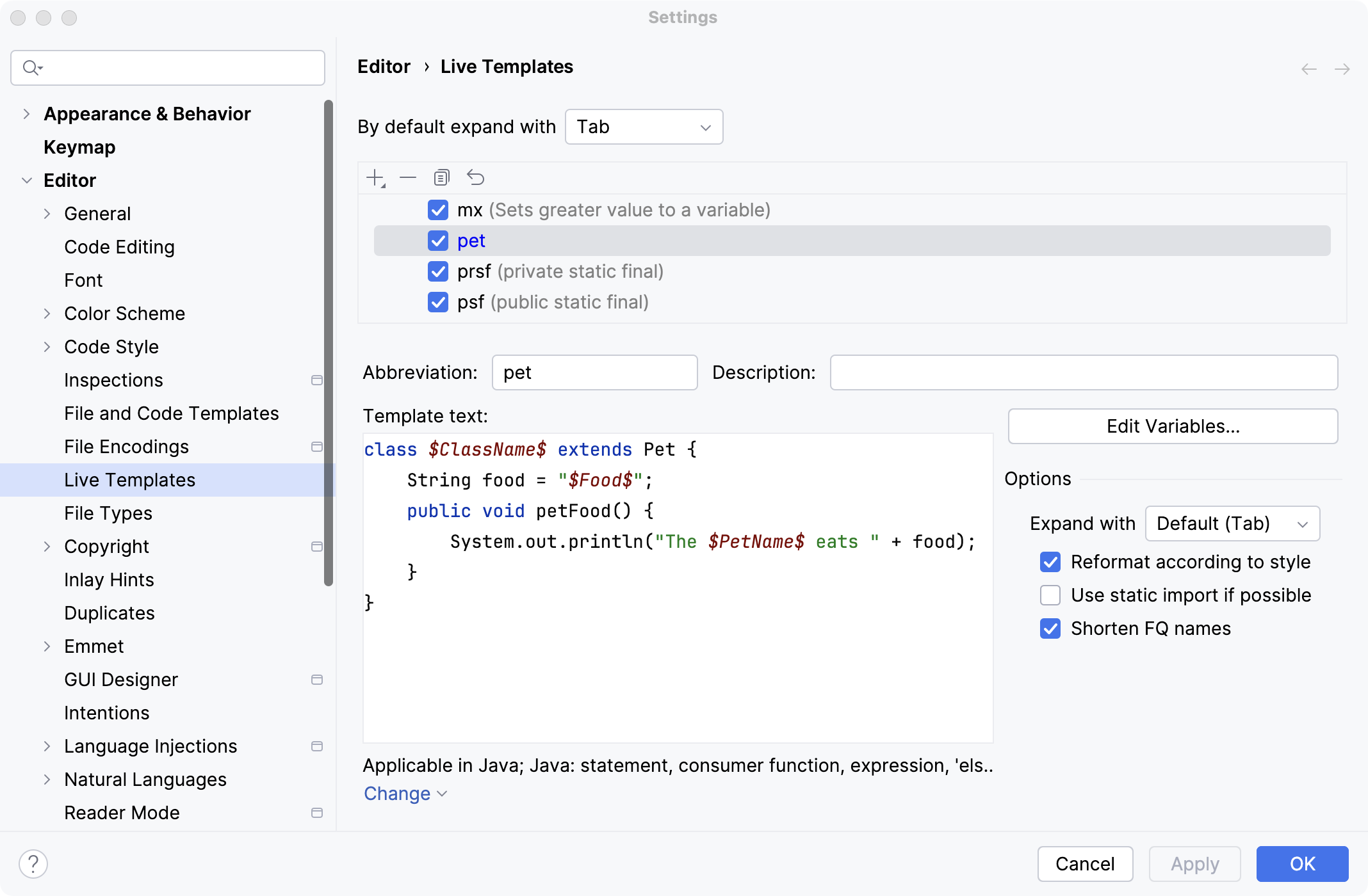 Create a live template Create a live template