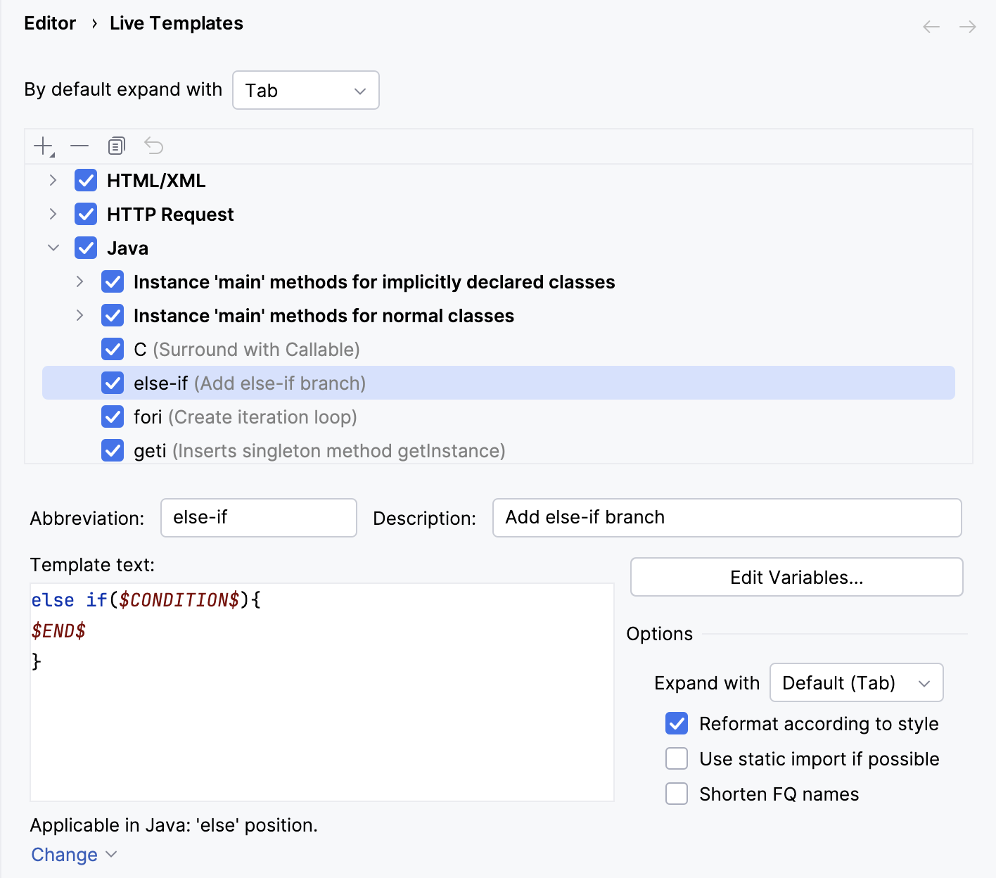 live templates settings