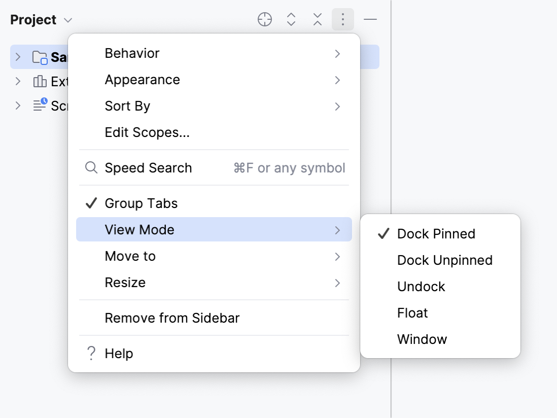 Tool window view mode Tool window view mode