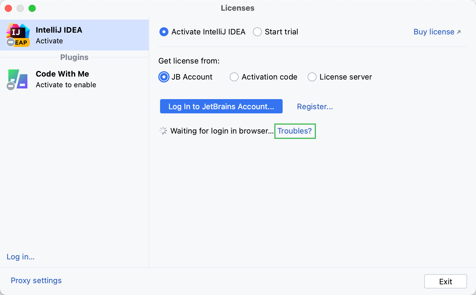 The Troubles button in the Login dialog The Troubles button in the Login dialog